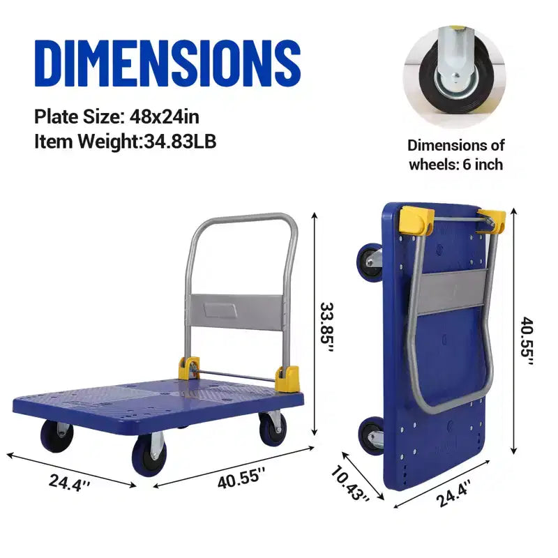 Carrello Piattaforma Pieghevole per Carichi Pesanti, Carrello in Acciaio 122 x 61 cm con Ruote in Gomma, Capacità 900 kg per Magazzino, Ufficio e Officina