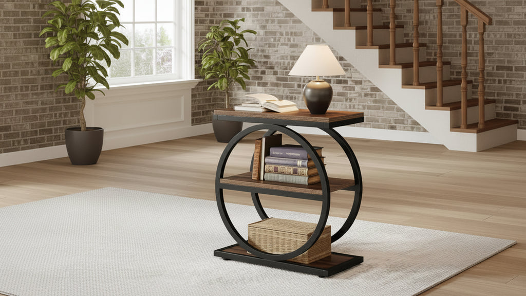 Tavolino stretto con 3 ripiani, piccolo tavolino da divano industriale con struttura in metallo nero per soggiorno, comodino sottile per camera da letto