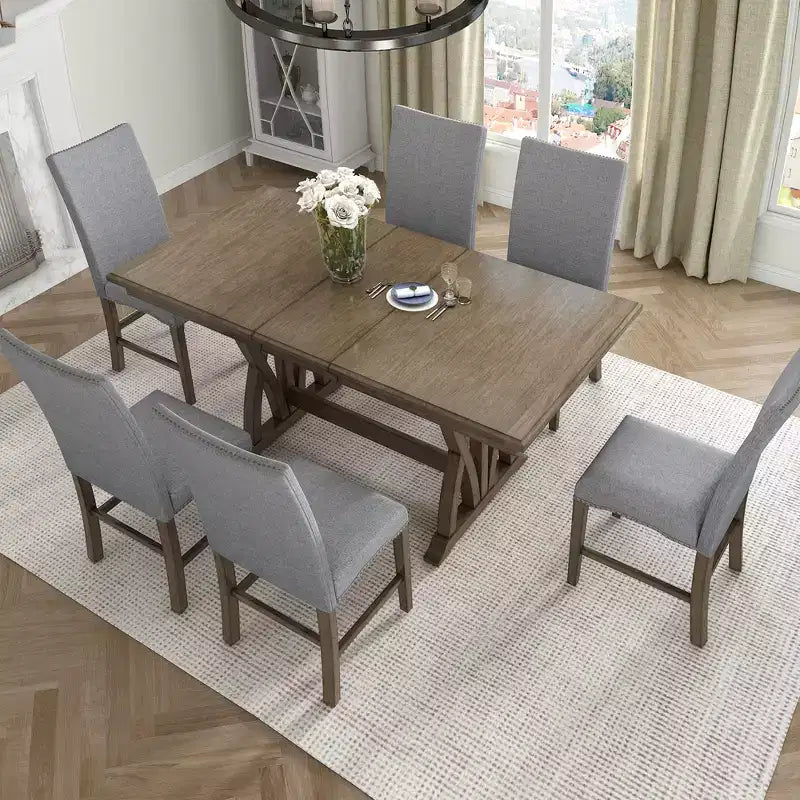 Tavolo da Pranzo Allungabile per 6 Persone, Tavolo da Cucina Rustico con 6 Sedie Imbottite per Sala da Pranzo, Grigio