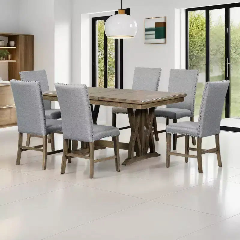 Tavolo da Pranzo Allungabile per 6 Persone, Tavolo da Cucina Rustico con 6 Sedie Imbottite per Sala da Pranzo, Grigio