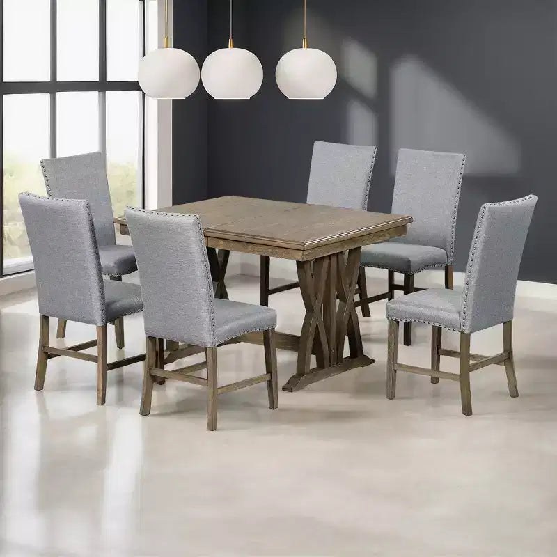 Tavolo da Pranzo Allungabile per 6 Persone, Tavolo da Cucina Rustico con 6 Sedie Imbottite per Sala da Pranzo, Grigio