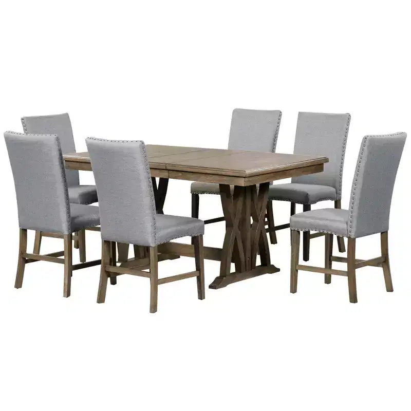 Tavolo da Pranzo Allungabile per 6 Persone, Tavolo da Cucina Rustico con 6 Sedie Imbottite per Sala da Pranzo, Grigio