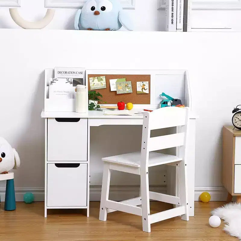 Scrivania e sedia per bambini, in legno, con contenitore a giorno e bacheca, per casa/scuola