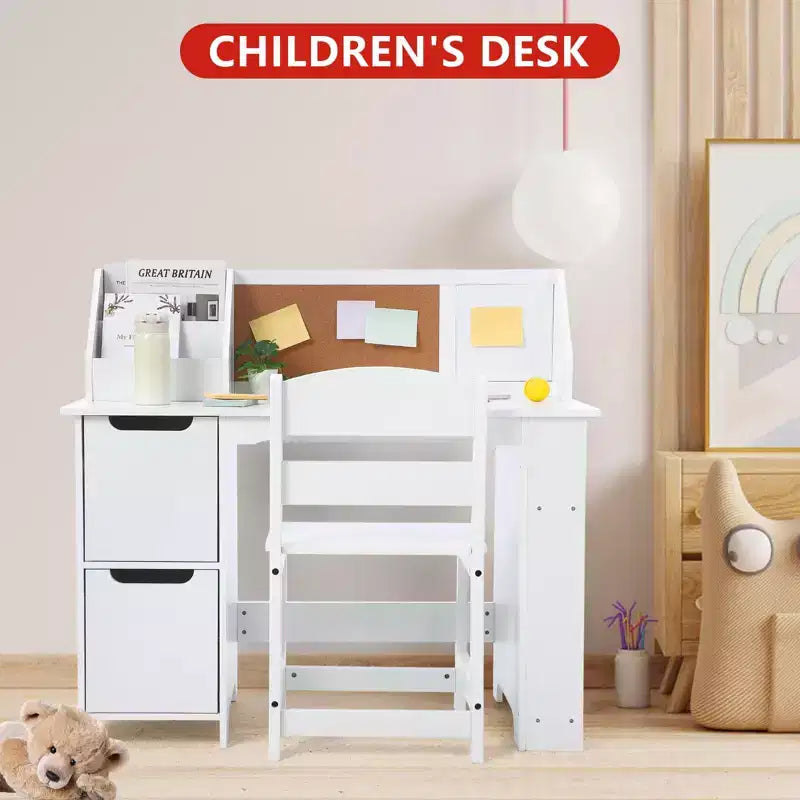 Scrivania e sedia per bambini, in legno, con contenitore a giorno e bacheca, per casa/scuola