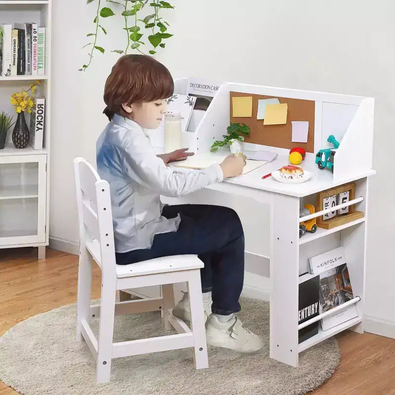 Scrivania e sedia per bambini, in legno, con contenitore a giorno e bacheca, per casa/scuola