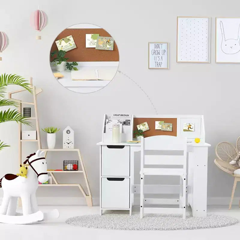 Scrivania e sedia per bambini, in legno, con contenitore a giorno e bacheca, per casa/scuola