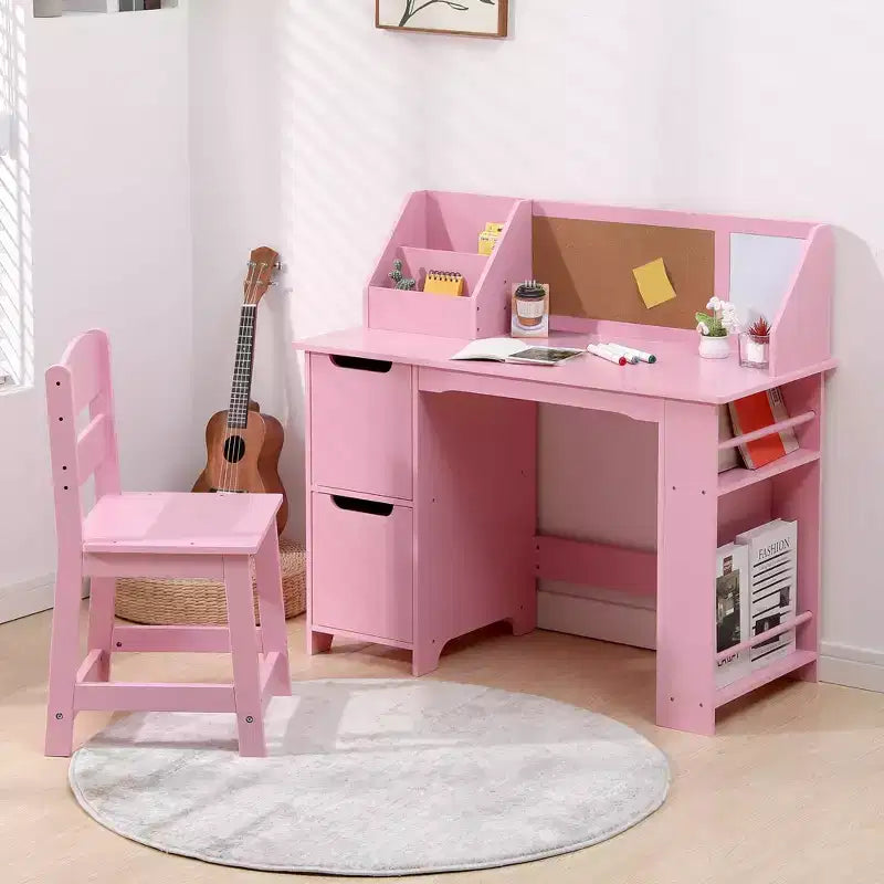 Scrivania e sedia per bambini, in legno, con contenitore a giorno e bacheca, per casa/scuola