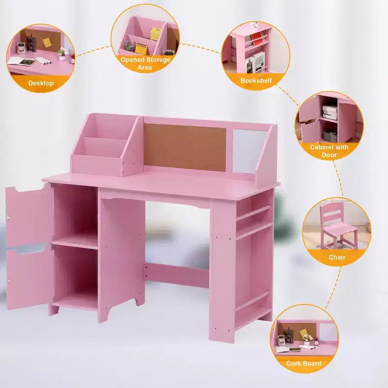 Scrivania e sedia per bambini, in legno, con contenitore a giorno e bacheca, per casa/scuola