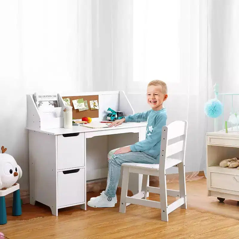 Scrivania e sedia per bambini, in legno, con contenitore a giorno e bacheca, per casa/scuola