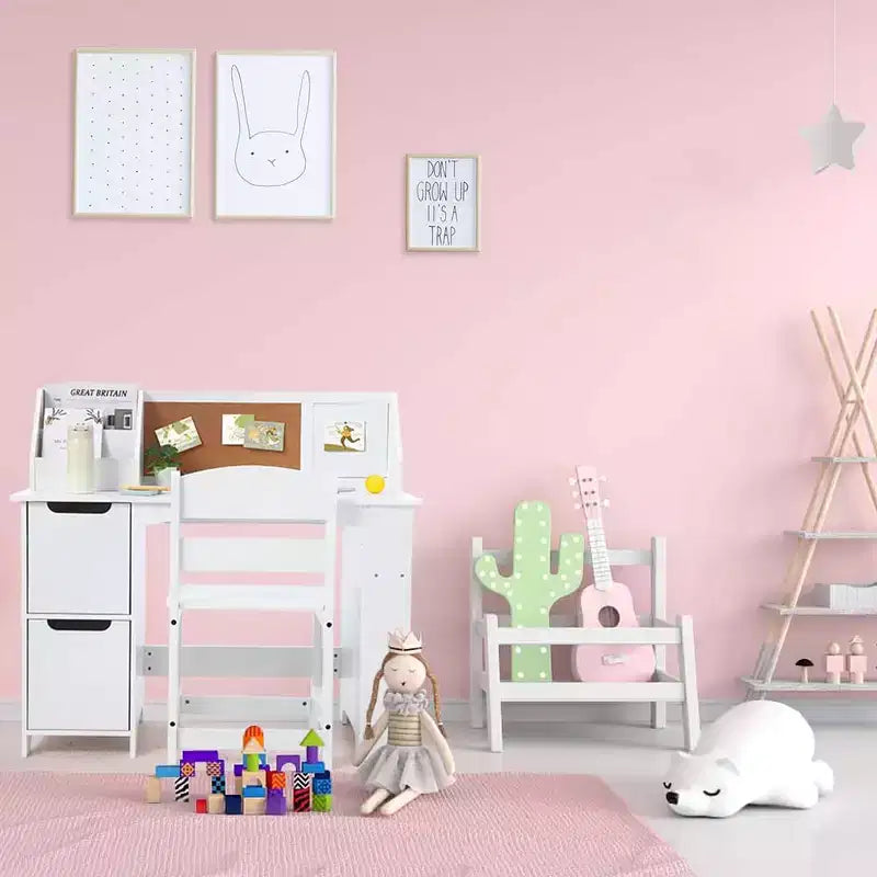 Scrivania e sedia per bambini, in legno, con contenitore a giorno e bacheca, per casa/scuola