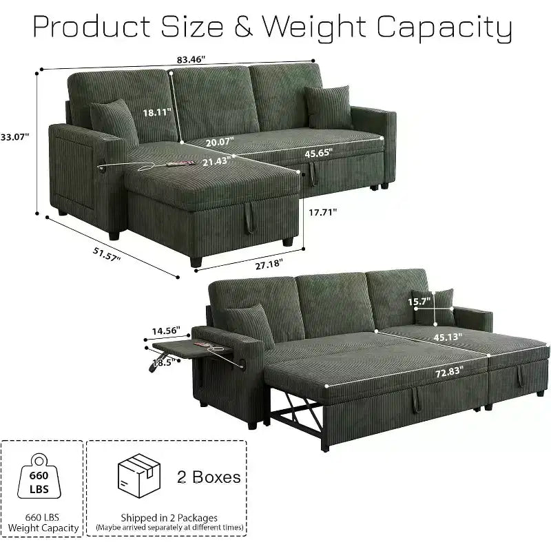 Divano letto convertibile 83 con contenitore e porta USB, divano a L 4 in 1 con letto estraibile, tavolino, portabicchieri, verde