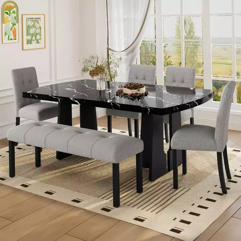 Tavolo da pranzo in finto marmo per 6, tavolo da pranzo rettangolare con 4 sedie imbottite e 1 panca per sala da pranzo