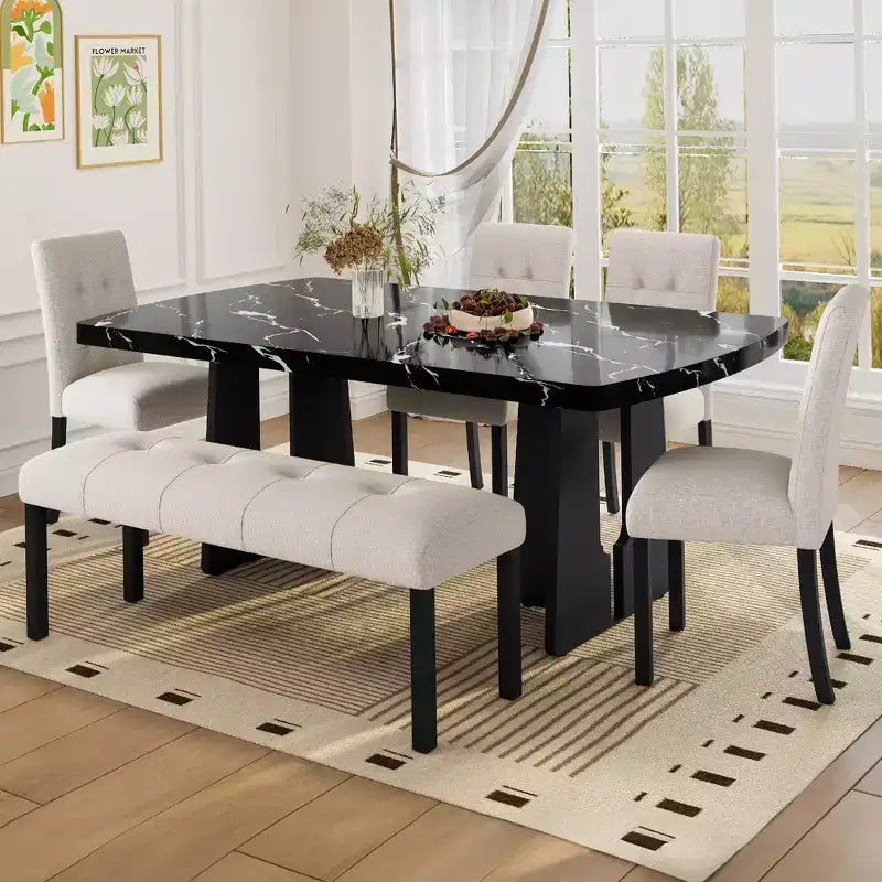 Tavolo da pranzo in finto marmo per 6, tavolo da pranzo rettangolare con 4 sedie imbottite e 1 panca per sala da pranzo