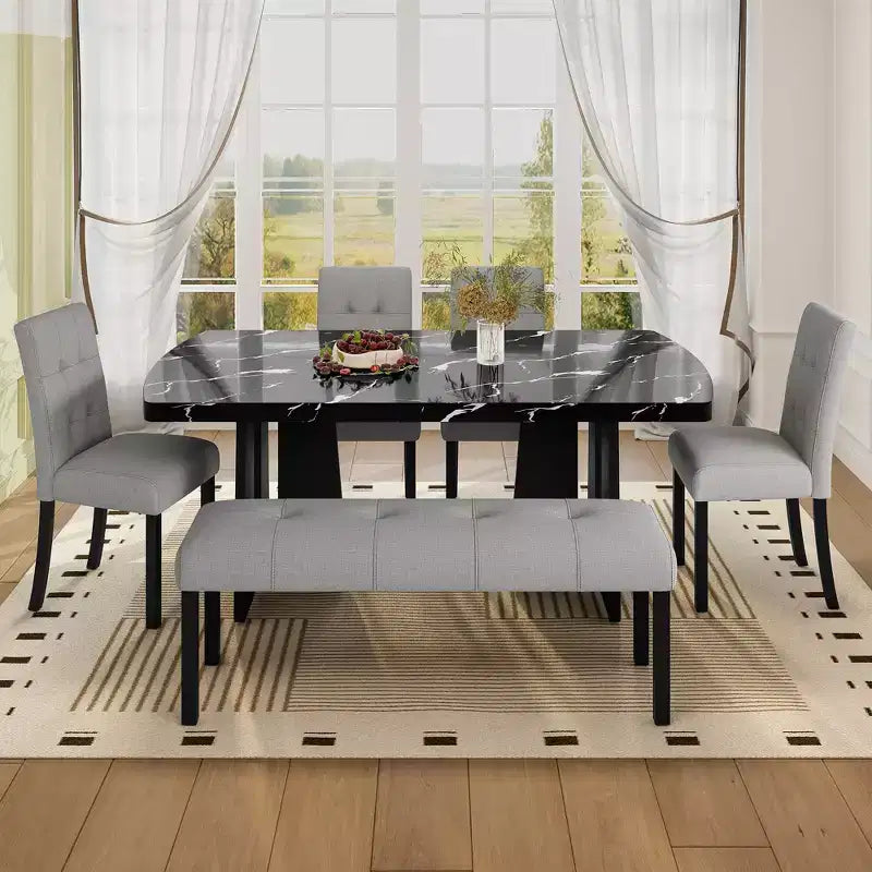 Tavolo da pranzo in finto marmo per 6, tavolo da pranzo rettangolare con 4 sedie imbottite e 1 panca per sala da pranzo
