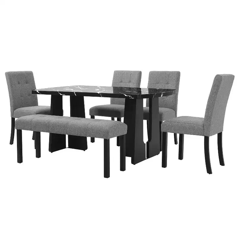 Tavolo da pranzo in finto marmo per 6, tavolo da pranzo rettangolare con 4 sedie imbottite e 1 panca per sala da pranzo