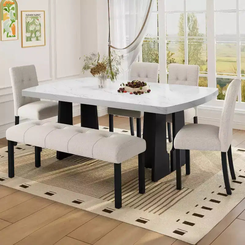 Tavolo da pranzo in finto marmo per 6, tavolo da pranzo rettangolare con 4 sedie imbottite e 1 panca per sala da pranzo