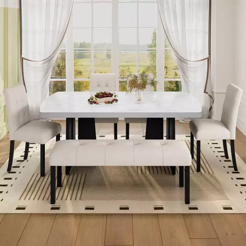 Tavolo da pranzo in finto marmo per 6, tavolo da pranzo rettangolare con 4 sedie imbottite e 1 panca per sala da pranzo