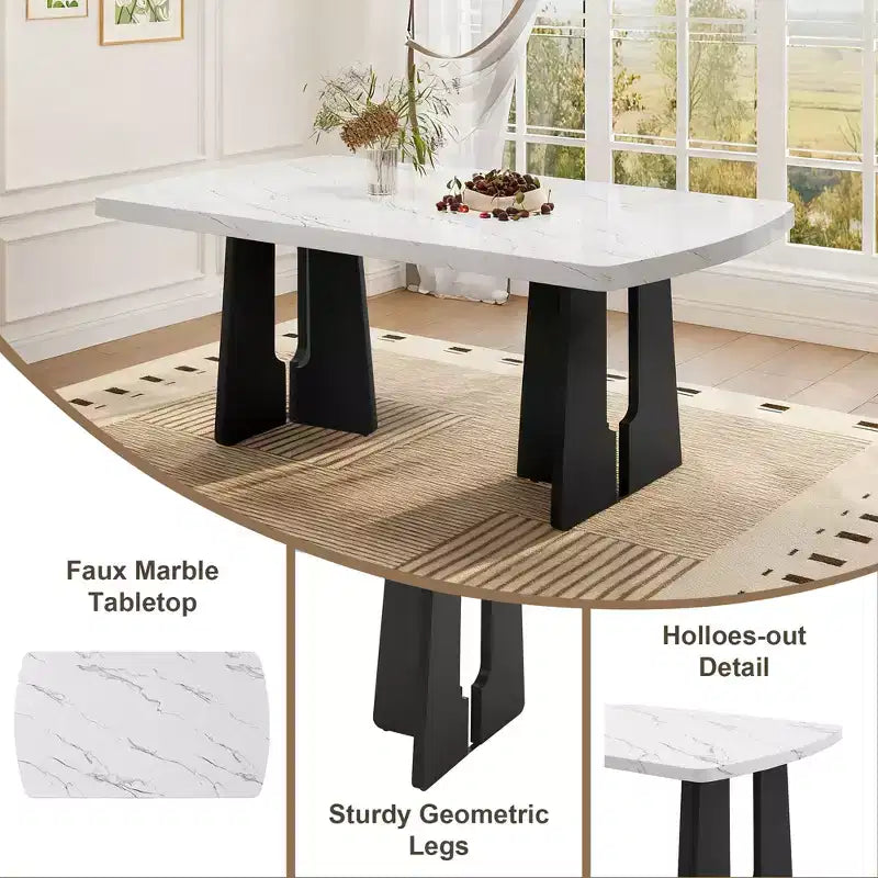 Tavolo da pranzo in finto marmo per 6, tavolo da pranzo rettangolare con 4 sedie imbottite e 1 panca per sala da pranzo