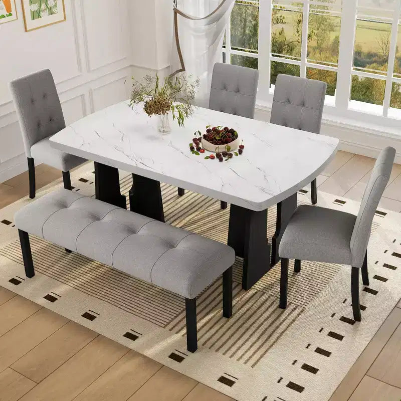 Tavolo da pranzo in finto marmo per 6, tavolo da pranzo rettangolare con 4 sedie imbottite e 1 panca per sala da pranzo