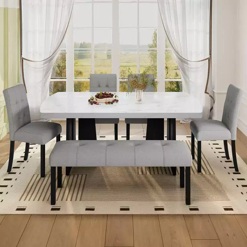 Tavolo da pranzo in finto marmo per 6, tavolo da pranzo rettangolare con 4 sedie imbottite e 1 panca per sala da pranzo