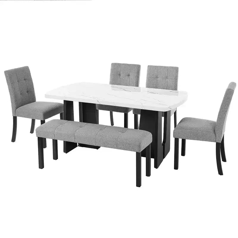 Tavolo da pranzo in finto marmo per 6, tavolo da pranzo rettangolare con 4 sedie imbottite e 1 panca per sala da pranzo