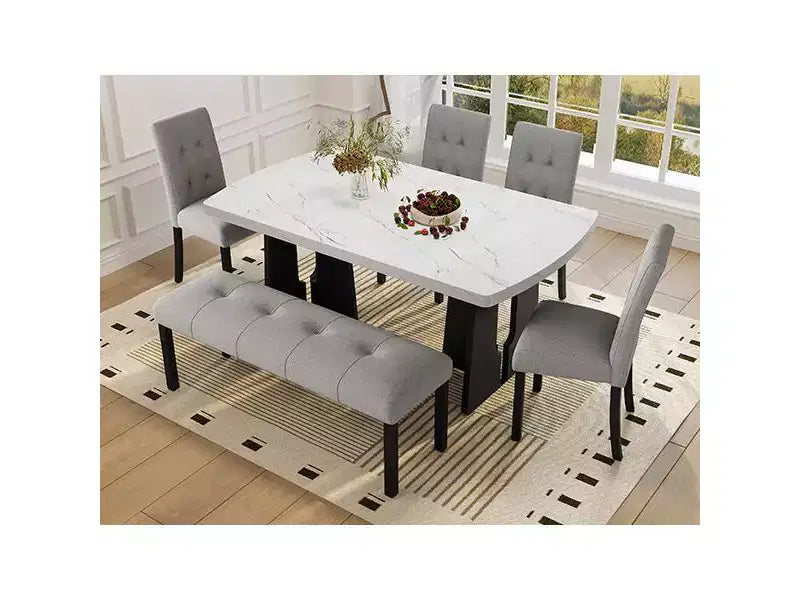 Tavolo da pranzo in finto marmo per 6, tavolo da pranzo rettangolare con 4 sedie imbottite e 1 panca per sala da pranzo