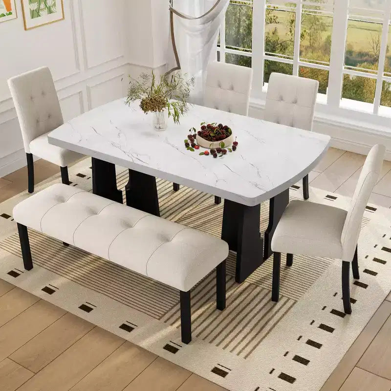 Tavolo da pranzo in finto marmo per 6, tavolo da pranzo rettangolare con 4 sedie imbottite e 1 panca per sala da pranzo