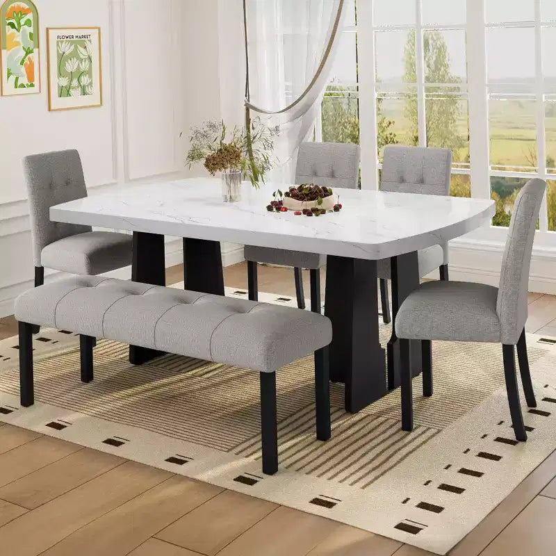 Tavolo da pranzo in finto marmo per 6, tavolo da pranzo rettangolare con 4 sedie imbottite e 1 panca per sala da pranzo