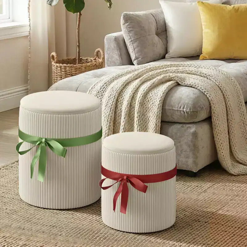 Pouf Rotondo con Contenitore, Pouf Tavolino da Caffè, Sgabello da Toilette in Velluto a Coste per Camera da Letto, Poggiapiedi per Soggiorno