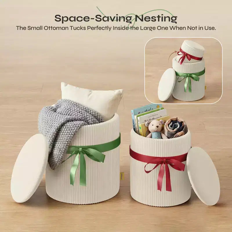 Pouf Rotondo con Contenitore, Pouf Tavolino da Caffè, Sgabello da Toilette in Velluto a Coste per Camera da Letto, Poggiapiedi per Soggiorno