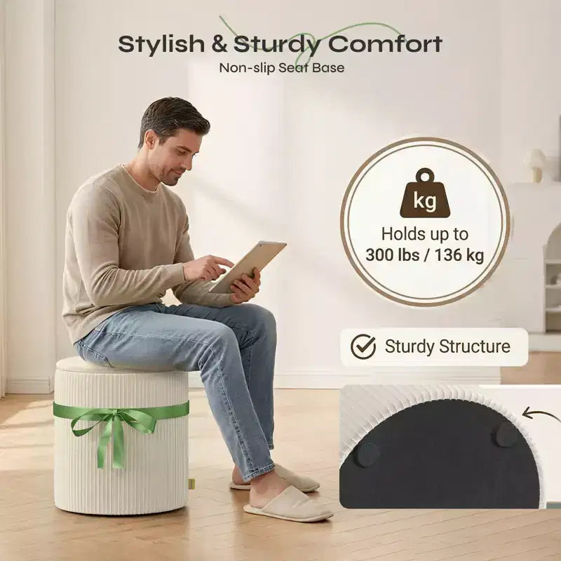 Pouf Rotondo con Contenitore, Pouf Tavolino da Caffè, Sgabello da Toilette in Velluto a Coste per Camera da Letto, Poggiapiedi per Soggiorno
