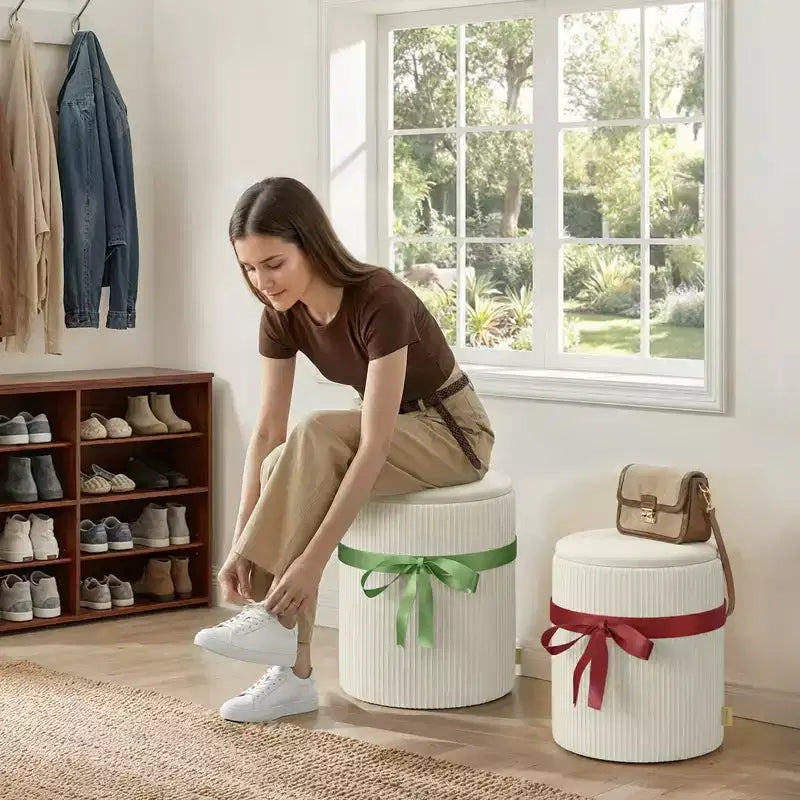 Pouf Rotondo con Contenitore, Pouf Tavolino da Caffè, Sgabello da Toilette in Velluto a Coste per Camera da Letto, Poggiapiedi per Soggiorno