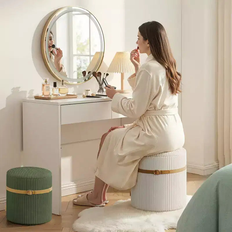 Pouf Rotondo con Contenitore, Pouf Tavolino da Caffè, Sgabello da Toilette in Velluto a Coste per Camera da Letto, Poggiapiedi per Soggiorno