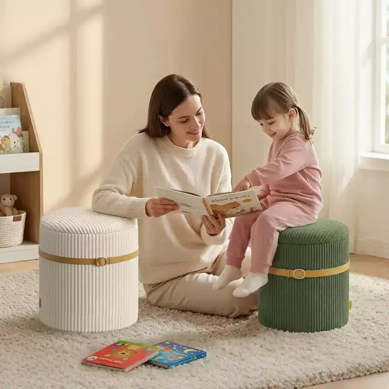 Pouf Rotondo con Contenitore, Pouf Tavolino da Caffè, Sgabello da Toilette in Velluto a Coste per Camera da Letto, Poggiapiedi per Soggiorno
