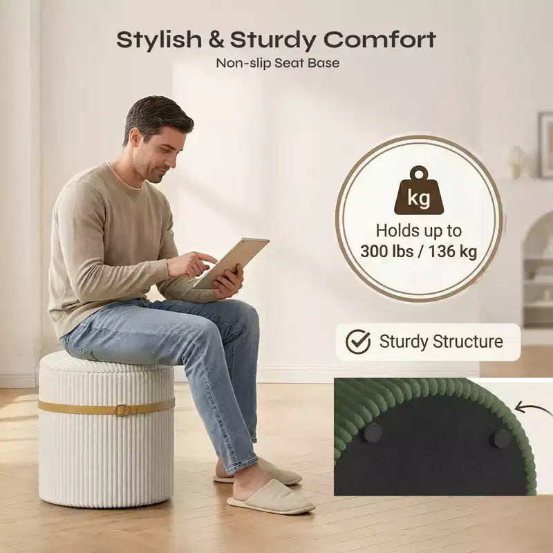 Pouf Rotondo con Contenitore, Pouf Tavolino da Caffè, Sgabello da Toilette in Velluto a Coste per Camera da Letto, Poggiapiedi per Soggiorno