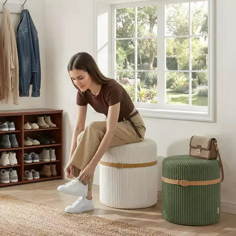 Pouf Rotondo con Contenitore, Pouf Tavolino da Caffè, Sgabello da Toilette in Velluto a Coste per Camera da Letto, Poggiapiedi per Soggiorno