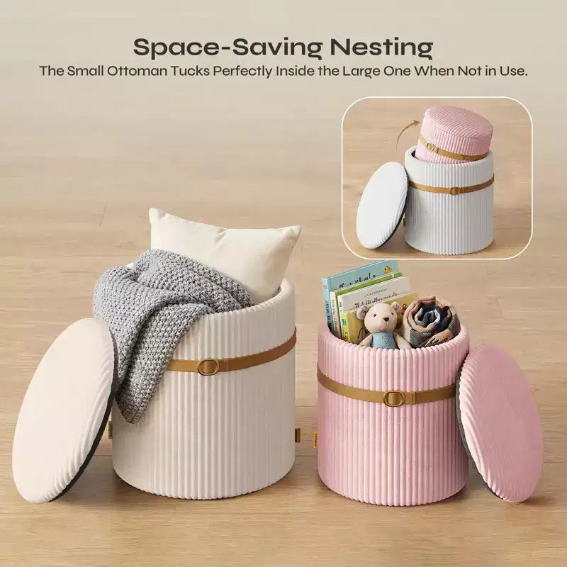 Pouf Rotondo con Contenitore, Pouf Tavolino da Caffè, Sgabello da Toilette in Velluto a Coste per Camera da Letto, Poggiapiedi per Soggiorno
