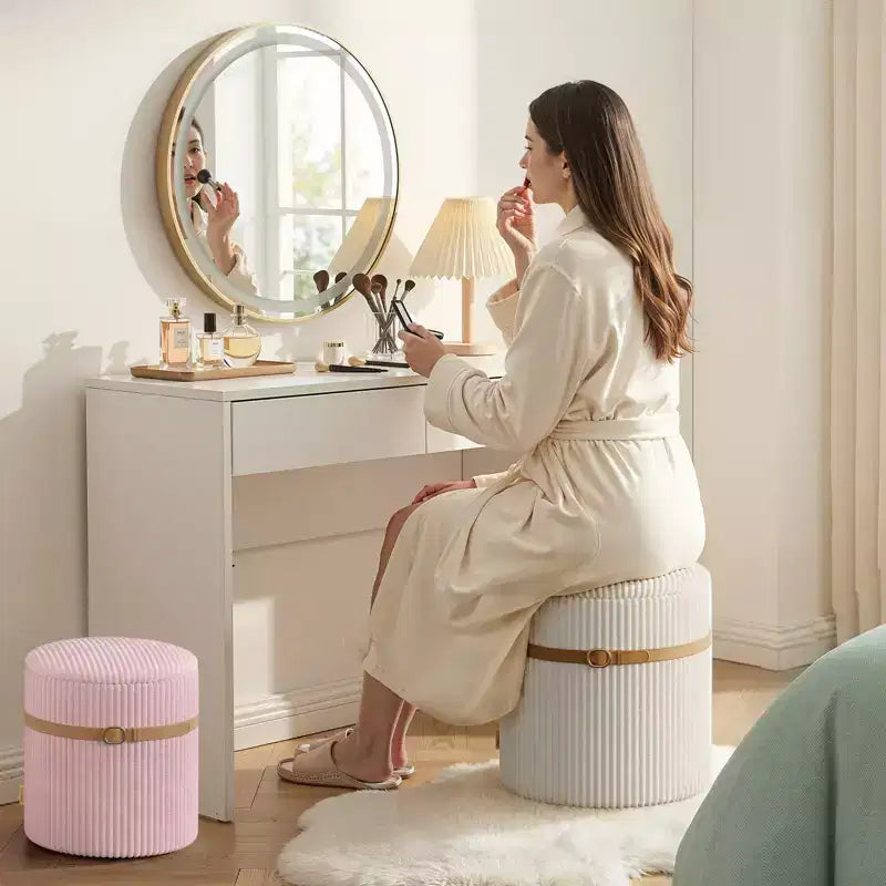 Pouf Rotondo con Contenitore, Pouf Tavolino da Caffè, Sgabello da Toilette in Velluto a Coste per Camera da Letto, Poggiapiedi per Soggiorno