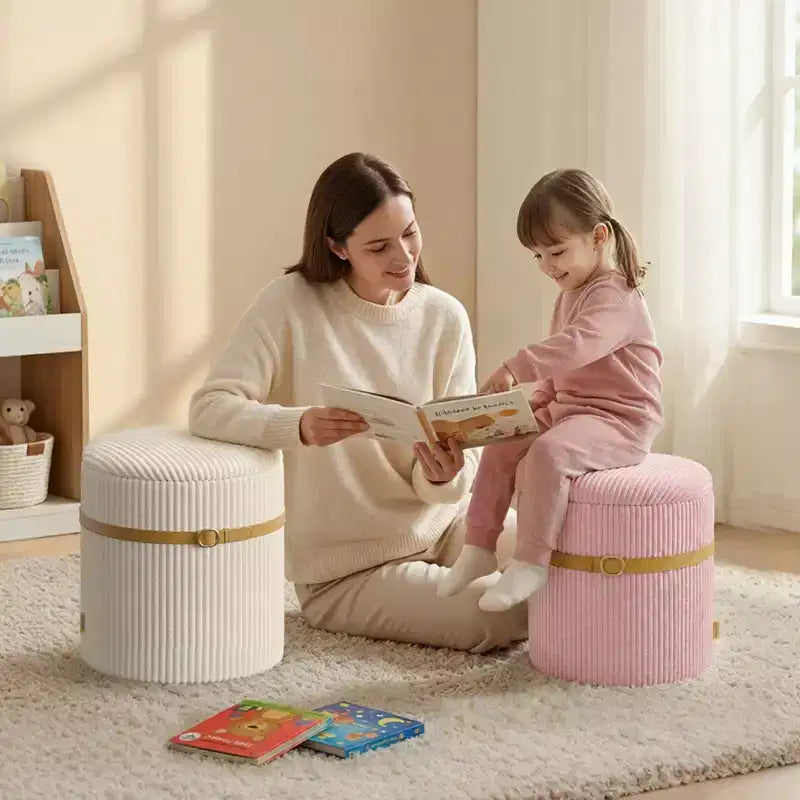 Pouf Rotondo con Contenitore, Pouf Tavolino da Caffè, Sgabello da Toilette in Velluto a Coste per Camera da Letto, Poggiapiedi per Soggiorno
