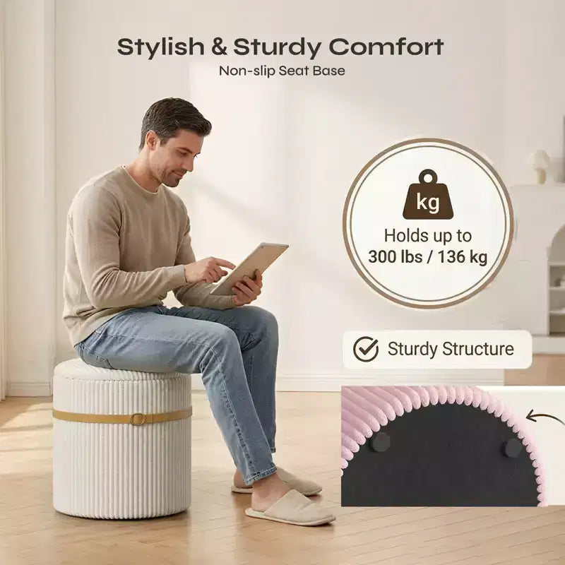 Pouf Rotondo con Contenitore, Pouf Tavolino da Caffè, Sgabello da Toilette in Velluto a Coste per Camera da Letto, Poggiapiedi per Soggiorno