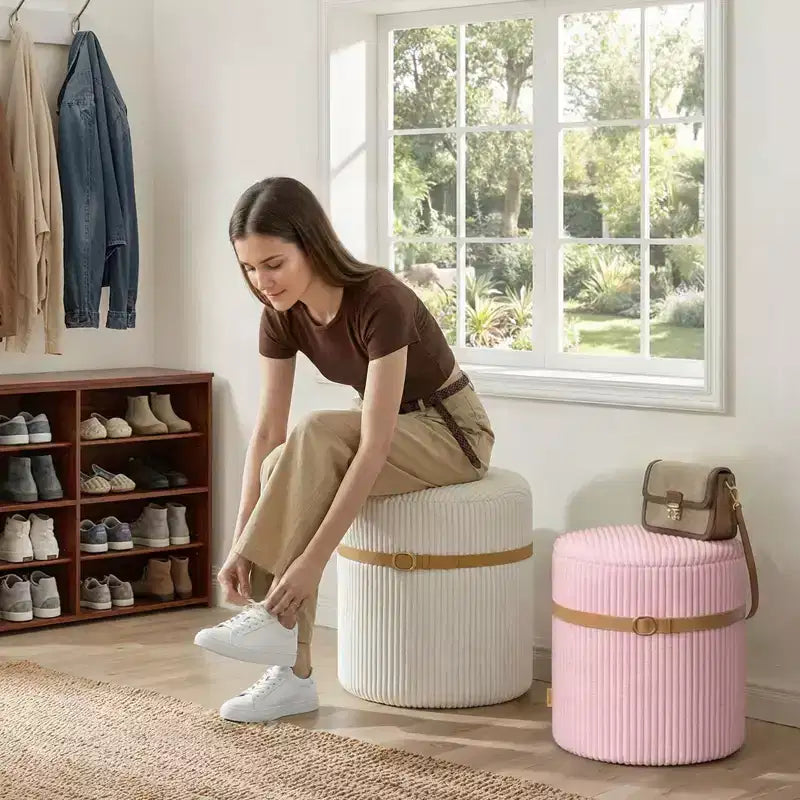 Pouf Rotondo con Contenitore, Pouf Tavolino da Caffè, Sgabello da Toilette in Velluto a Coste per Camera da Letto, Poggiapiedi per Soggiorno