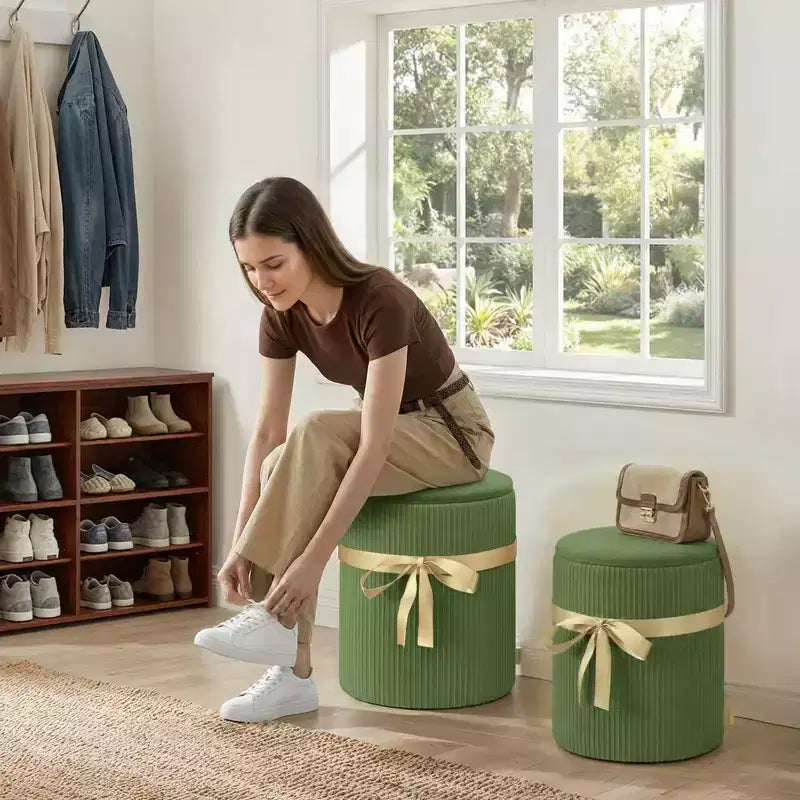 Pouf Rotondo con Contenitore, Pouf Tavolino da Caffè, Sgabello da Toilette in Velluto a Coste per Camera da Letto, Poggiapiedi per Soggiorno