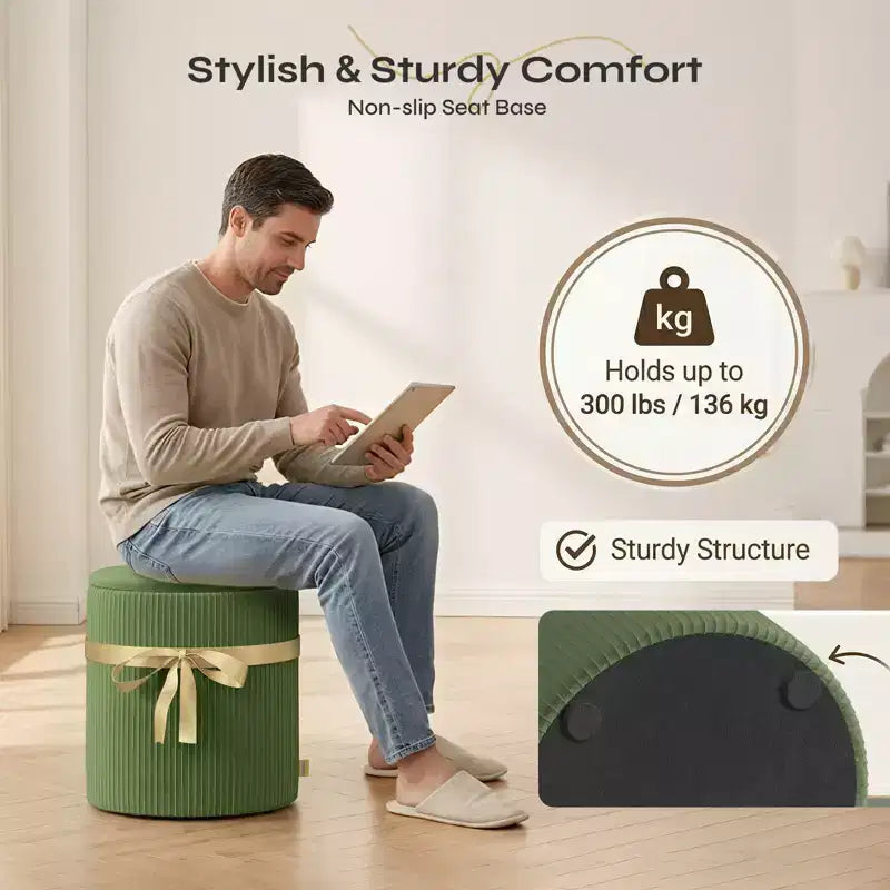 Pouf Rotondo con Contenitore, Pouf Tavolino da Caffè, Sgabello da Toilette in Velluto a Coste per Camera da Letto, Poggiapiedi per Soggiorno