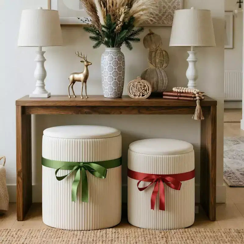 Pouf Rotondo con Contenitore, Pouf Tavolino da Caffè, Sgabello da Toilette in Velluto a Coste per Camera da Letto, Poggiapiedi per Soggiorno
