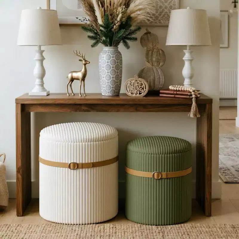 Pouf Rotondo con Contenitore, Pouf Tavolino da Caffè, Sgabello da Toilette in Velluto a Coste per Camera da Letto, Poggiapiedi per Soggiorno