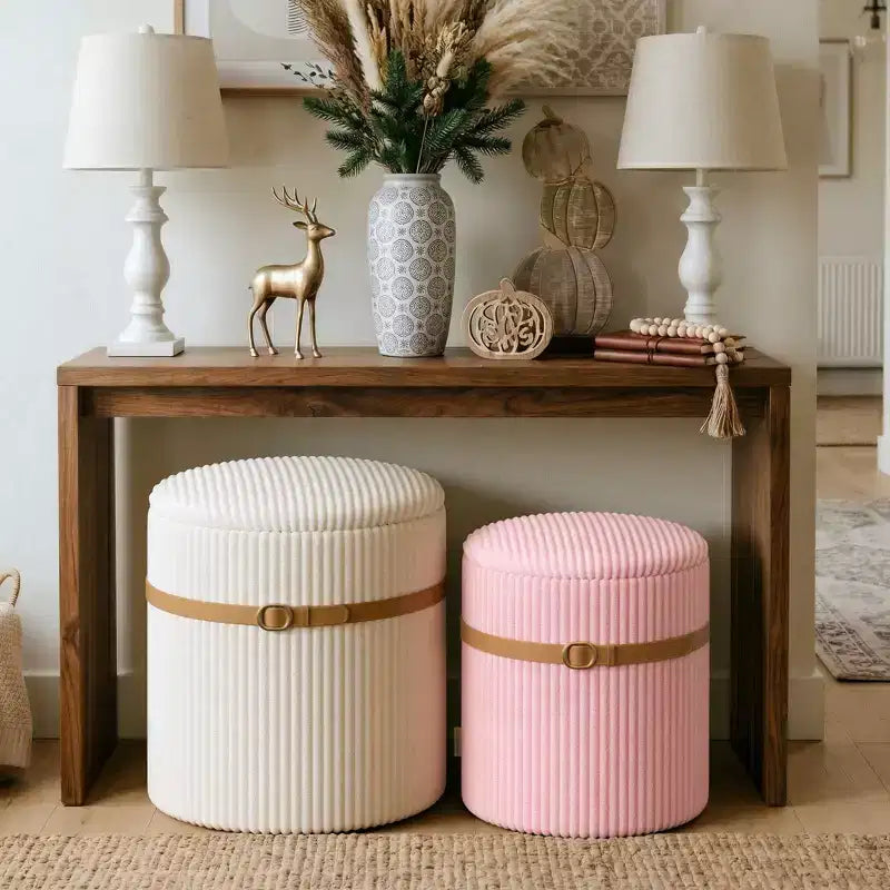 Pouf Rotondo con Contenitore, Pouf Tavolino da Caffè, Sgabello da Toilette in Velluto a Coste per Camera da Letto, Poggiapiedi per Soggiorno