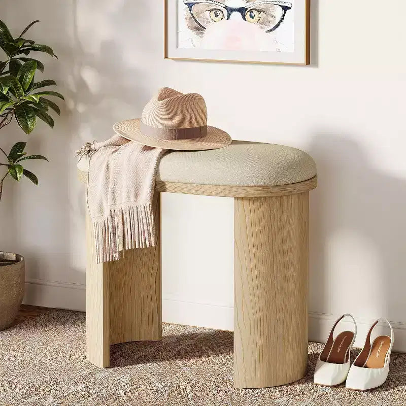 Sgabello da vanità da 60 cm, Sgabello ottomano poggiapiedi per divano con cuscino, Piccola panca da ingresso per soggiorno, camera da letto, sala trucco, Beige