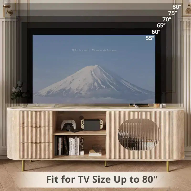 Mobile porta TV moderno a incasso da 65 pollici con ripiano effetto marmo e dettagli dorati, adatto per soggiorni, rovere naturale