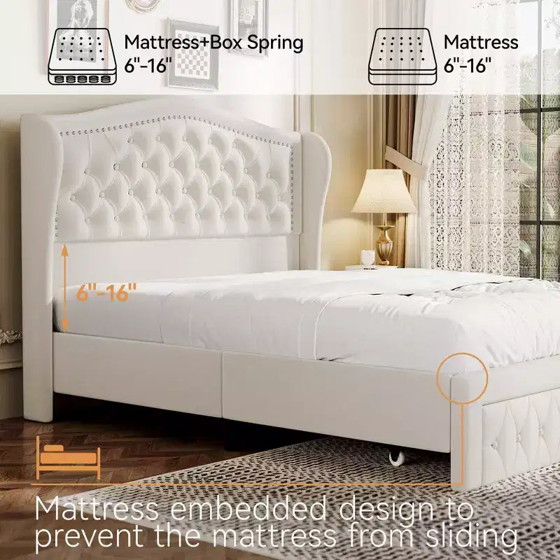 Struttura Letto Matrimoniale (Queen Size), Letto a Piattaforma Rivestito in Velluto - Testiera Alta 133,6 cm con Alette e Trapuntatura Verticale, 2 Cassetti Contenitore, Nessun Sommier a Molle Necessario
