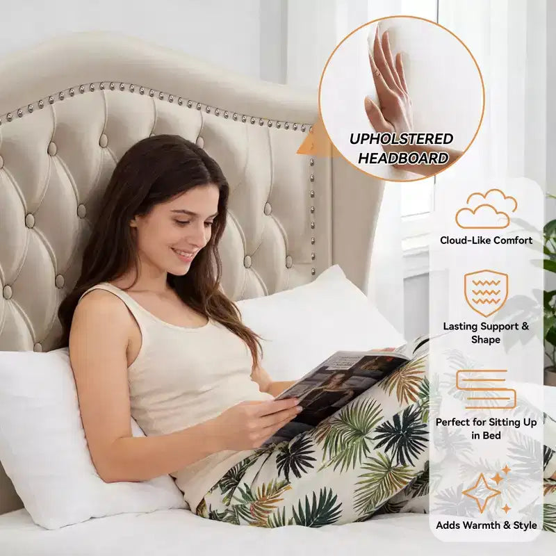 Struttura Letto Matrimoniale (Queen Size), Letto a Piattaforma Rivestito in Velluto - Testiera Alta 133,6 cm con Alette e Trapuntatura Verticale, 2 Cassetti Contenitore, Nessun Sommier a Molle Necessario